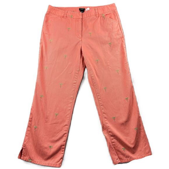J Crew Women Pants Embroidered Favorite Fit Palm Trees Cotton Coral Size 6 C132 - Picture 1 of 10